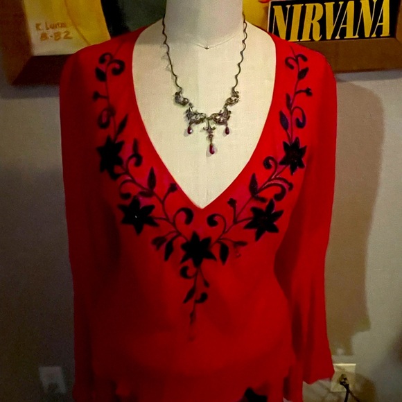 Pretty red festive sheer blouse with black embroidered flowers with black beads. - Picture 1 of 5